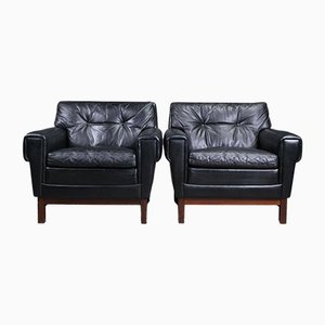 Vintage Mid-Century Danish Lounge Chairs in Black Leather, 1970s, Set of 2