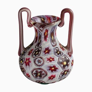 Millefiori Vase aus rotem und weißem Murrine von Fratelli Toso, 1920er