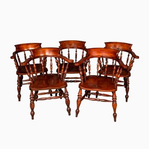 Antique Victorian Captains Chairs in Elm, 1870, Set of 5