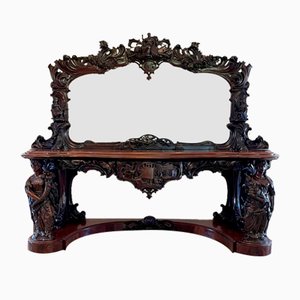Grande Table Console Victorienne Antique en Acajou Sculpté avec Miroir