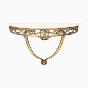 Wall-Mounted Brass Demilune Console Table with Portuguese Pink Marble Top, Italy