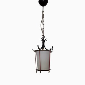 Mid-Century Ceiling Lamp with Black Painted Metal Mount, Red Trim Rods, Brass Finials & White Opaque Glass, 1950s