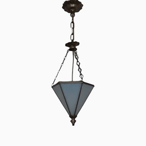 Art Deco Ceiling Lamp with Hexagonal Bluish Tinted Relief Glass Shade, Nickel Mount & Nickel Chain, 1930s