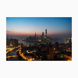 Imágenes de vista aérea, vista de ángulo alta del Bund, horizonte de Shanghai, noche, fotografía