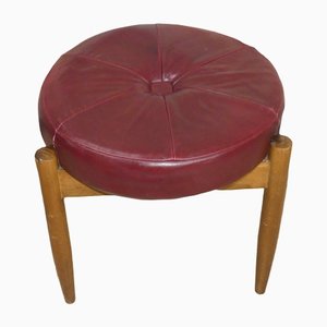 Round Stool with Bordeaux Real Leather Seat, 1970s