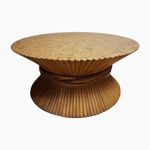 Round Coffee Table in Wheat Bamboo with Glass Top by McGuire, 1970