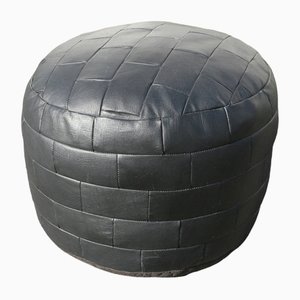 Black Leather Round Patchwork Pouf in the Style of de Sede
