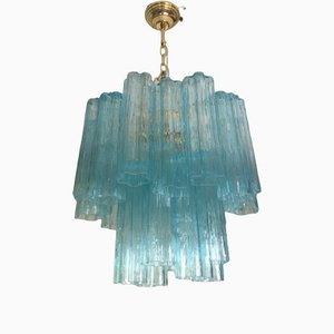Lámpara de araña Tronchi de cristal de Murano en azul claro de Murano