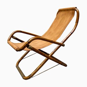 Italian Bamboo, Brass and Leather Folding Lounge Deck Chair, 1960s