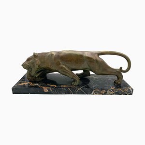 Art Deco Panther Sculpture in Bronze & Marble by Emile Grégoire, France, 1930s
