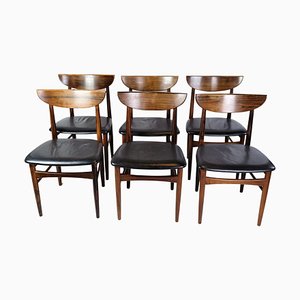 Danish Design Black Leather Rosewood Dining Table Chairs, Set of 6