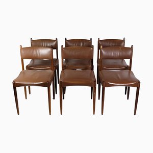 Danish Design Rosewood with Brown Leather Dining Chairs, Set of 6