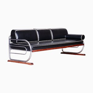 Bauhaus Black Leather Tubular Chrome Sofa by Robert Slezák, 1930s