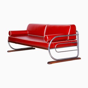 Rotes Bauhaus Sofa mit verchromtem Stahlrohrgestell von Robert Slezák, 1930er