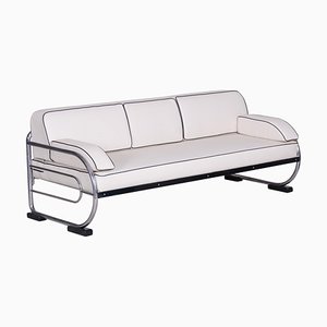 Bauhaus White Leather Tubular Chrome Sofa by Robert Slezák, 1930s