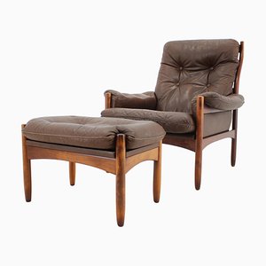 Swedish Leather Lounge Chair and Stool from Göte Möble, 1970s, Set of 2
