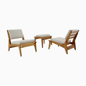 Hunting Chairs and Stool by Uno & Östen Kristiansson in Bouclé Fabric, Set of 3