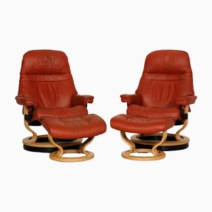 Brown Sunrise Leather Lounge Chair Set with Relax Function Incl. Footstool from Stressless, Set of 2