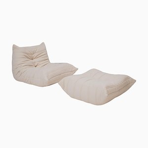 Fauteuil et Repose-Pieds Togo en Bouclé Blanc par Michel Ducaroy pour Ligne Roset, Set de 2