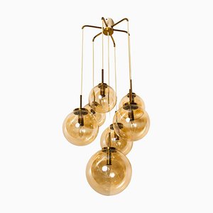 Brass Cascade with Seven Hand Blown Globes Ceiling Lamp from Glashütte Limburg