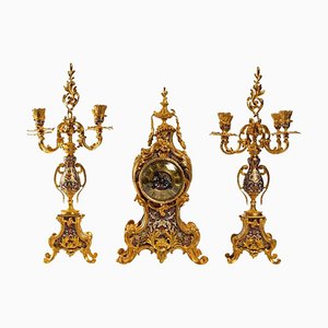 Louis XV Style Gilt Bronze and Partitioned Enamel Mantel, Set of 3