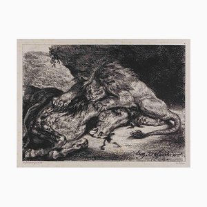 Eugène Delacroix, Lion Dévorant un Cheval, Lithographie Originale, 1844