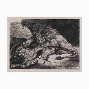 Eugène Delacroix, Lion Dévorant un Cheval, Litografía original, 1844
