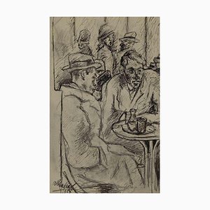 Mino Maccari, Au Café, Crayon Original, milieu du 20ème siècle