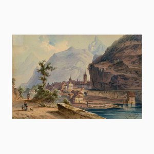 Friedrich Perlberg, View Over the Rhône to St. Maurice, Watercolor, Mid 19th-Century