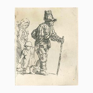 Après Rembrandt, Famille de Paysans sur le Clochard, Gravure à l'Eau-Forte, 19ème Siècle