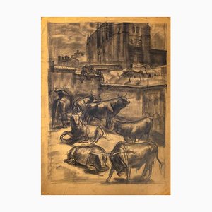 Unknown, Urban Landscape with Bulls, Original Drawing, Mid-20th-Century