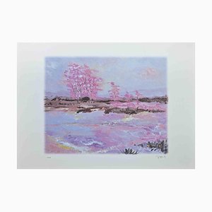 Litografía original de Martine Goeyens, Pink Blossoms, década de 2000