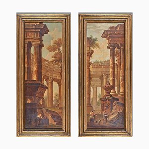 Architectures with Ruins, 19th-Century, Original Oil on Board, Framed, Set of 2