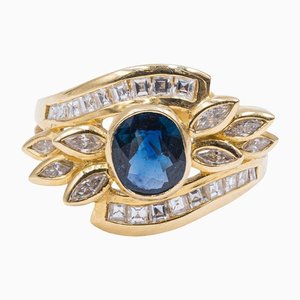 Vintage Yellow Gold Ring with Central Sapphire and Diamonds, 1970s