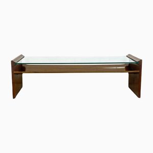 Mesa de centro italiana Mid-Century de madera y vidrio verde con dos niveles, años 60