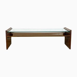 Mid-Century Italian Wood and Green Glass Coffee Table with 2 Tiers, 1960s