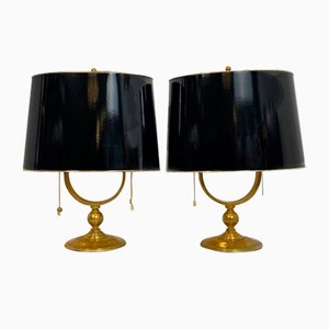 Lampes de Bureau Mid-Century en Laiton avec Abat-Jour Noir Brillant, 1940s, Set de 2