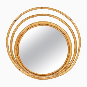 Mid-Century Italian Three Level Round Bamboo & Rattan Wall Mirror, 1960s