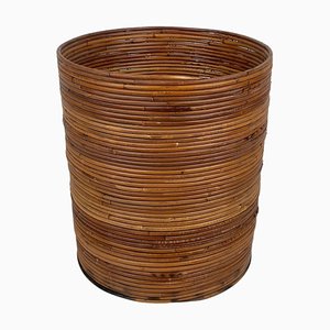 Italian Rattan and Bamboo Round Basket Plant Holder Vase, 1960s