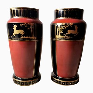 French Art Deco Black Opaline Glass Vases Hand Painted in Pure Gold, Set of 2