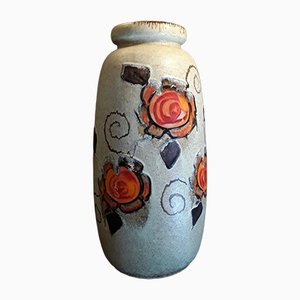 Large German Ceramic Vase in Beige with Stylized Flower Decor & Orange Gradient Glaze, 1960s