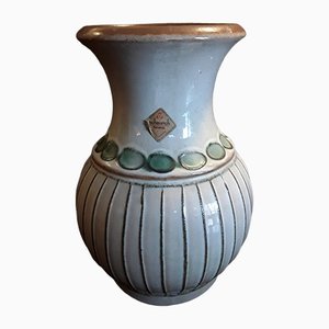 German Beige Ceramic Vase with Turquoise Decor from Scheurich, 1970s