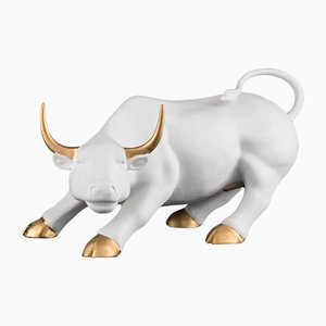 Italian White and Gold Ceramic Wall Street Bull Sculpture from VGnewtrend