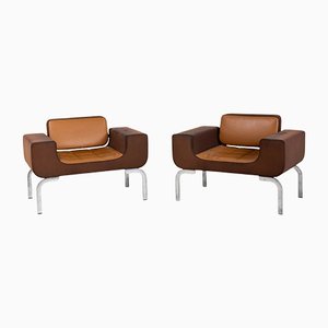 Italian Brown Leather Lounge Chairs, 1970s, Set of 2
