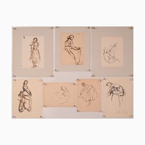 Lebenszeichnungen von Tänzern, Tusche auf Papier, 7er Set