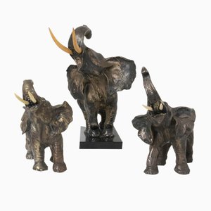 Éléphants en Terracotta et Cuivre Argenté, Set de 3