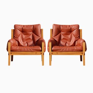 Elm and Leather S15 Armchairs by Pierre Chapo, France, 1960s, Set of 2