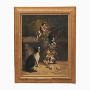 Hans Apothofsky, Gambling Cats, 1908, Oil on Wood, Framed