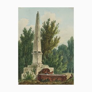 R. Viollette, Brunnen mit Obelisk im Park, 1829, Aquarell