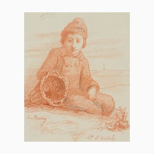 L. Browne, Fishing Boy Sitting on the Beach, 1853, Chalk on Paper